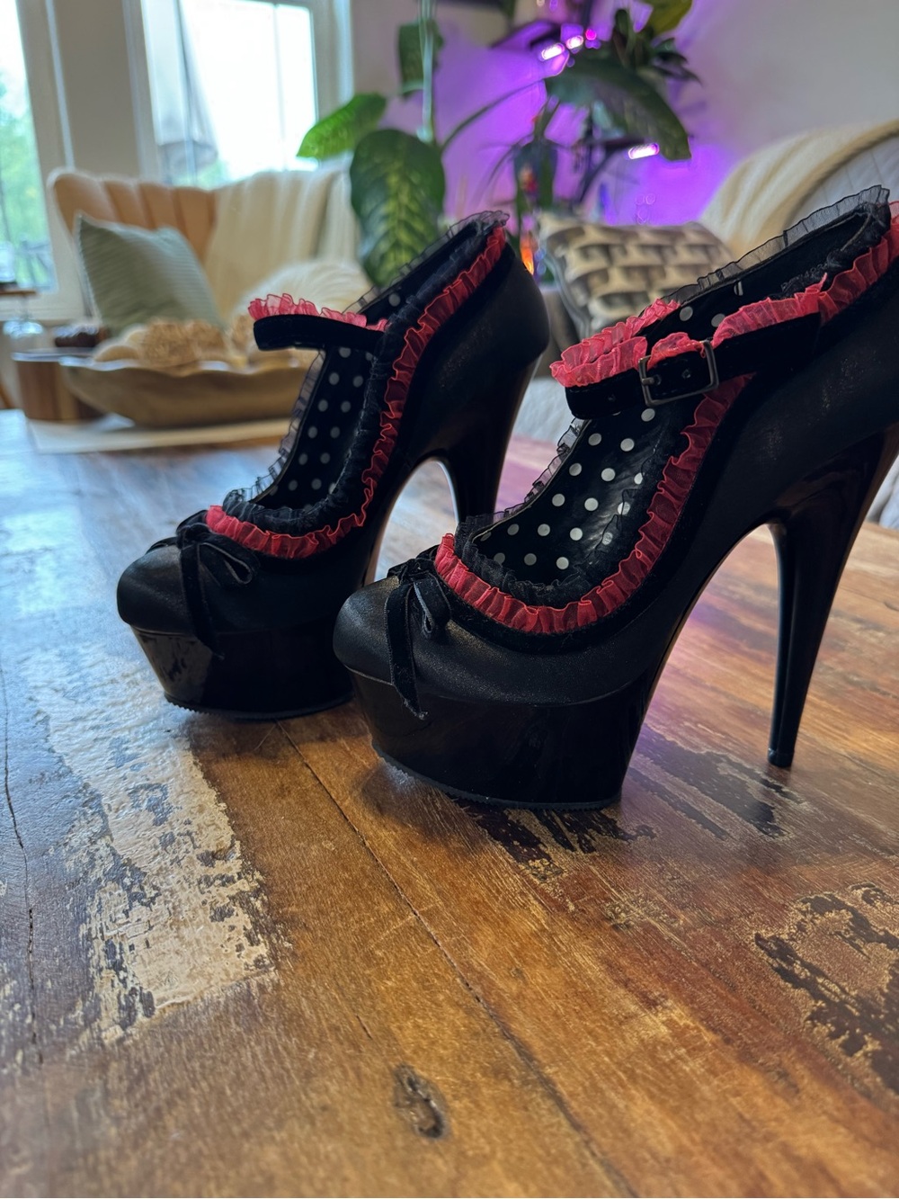 Pleaser Black and Red Ruffle Platform Heels